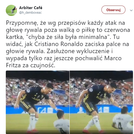 Sytuacja z czerwoną kartką RONALDO wg Arbiter Café